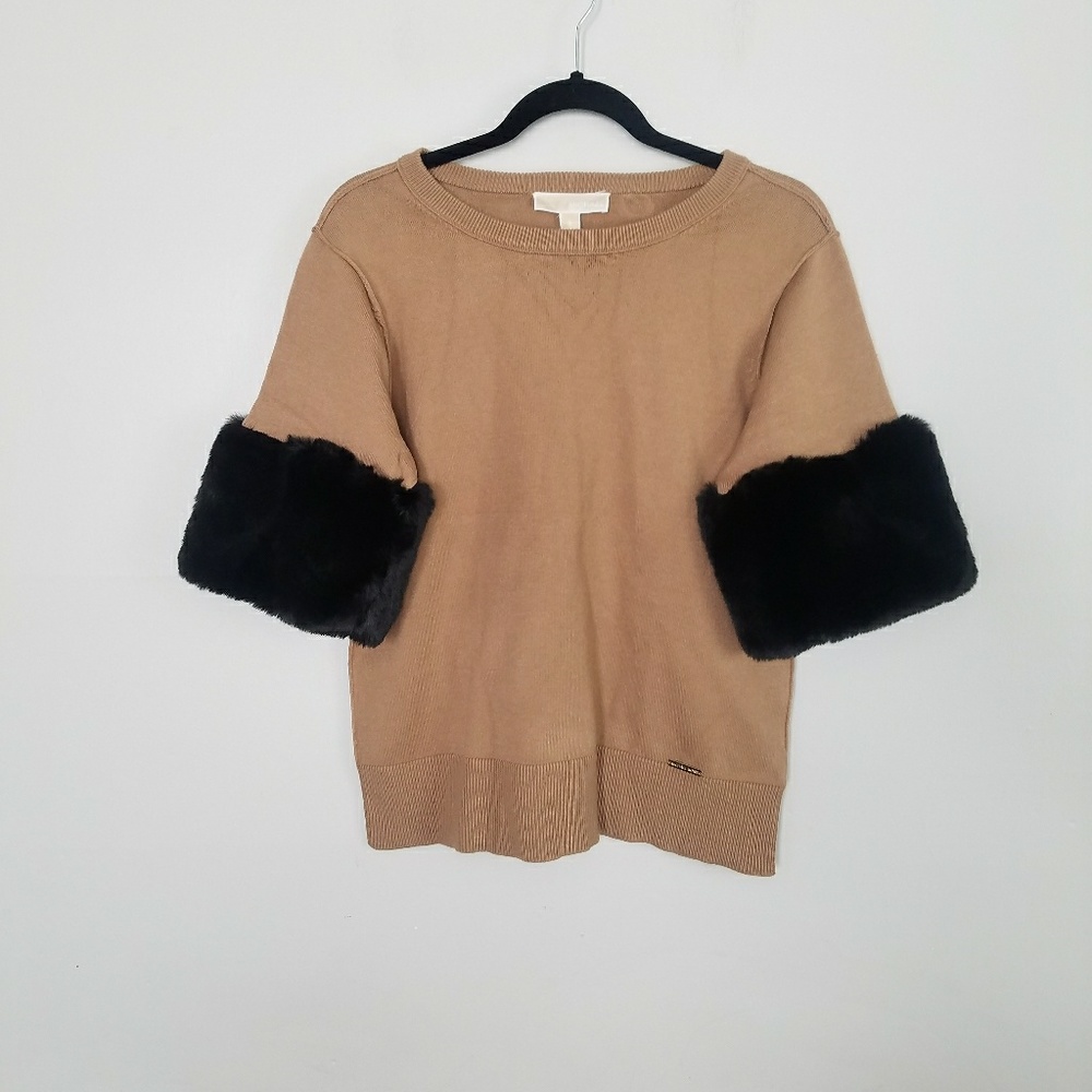 Michael Kors camel faux fur short sleeve sweater